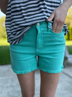Judy Blue Midrise Aquamarine Frayed Hem Shorts