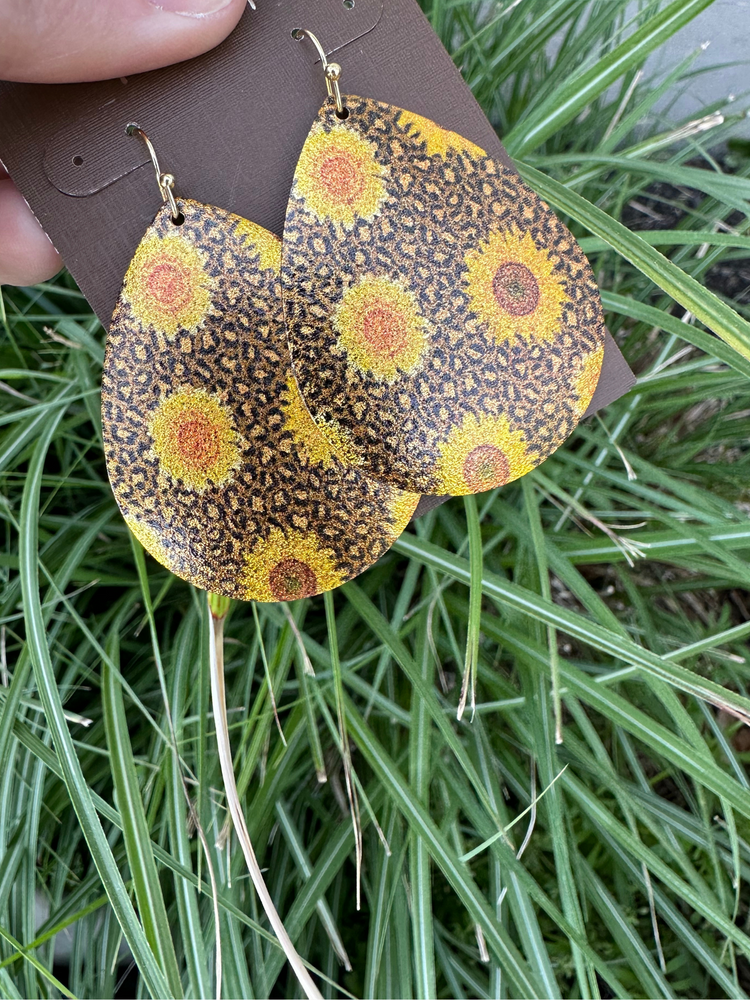 Yellow Leopard Sunflower Teardrop Earrings
