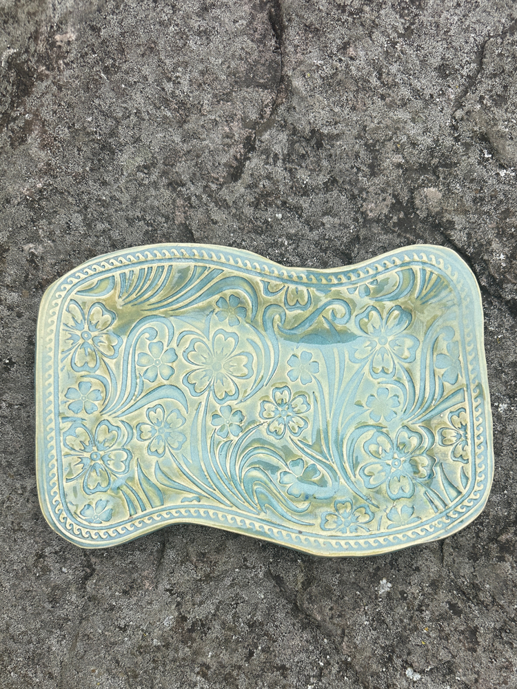 Handmade Pottery Floral Turquoise Tray