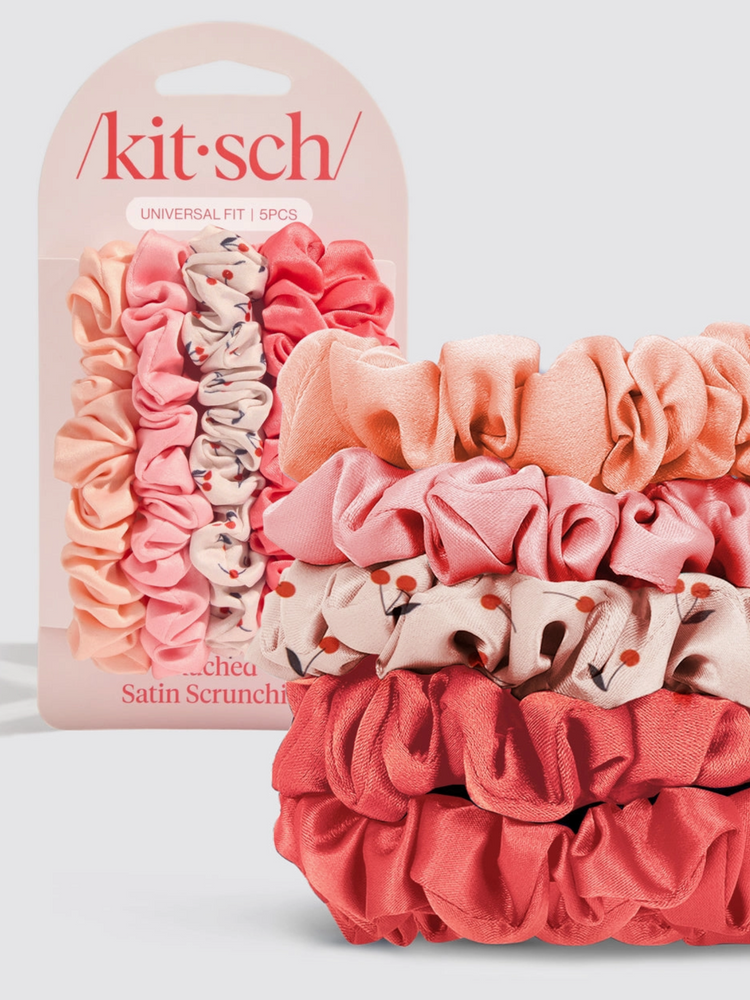 Ruched Satin Scrunchies 5pc Set - Assorted Cherry Blossom