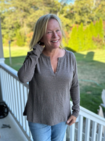 Waffle Knit Long Sleeve Top in Brown