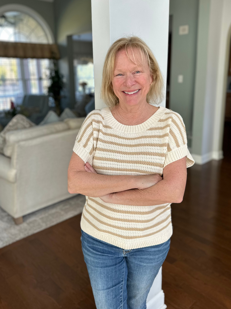 Striped Crew Neck Short Sleeve Top in Khaki