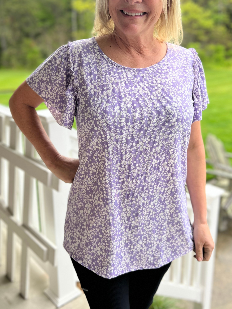 Purple Floral Ruffle Top in Curvy