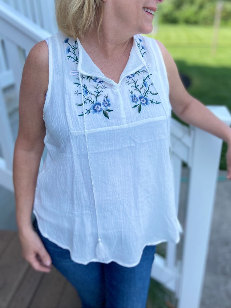 Embroidered Sleeveless Top with Tassel - Wild Magnolia
