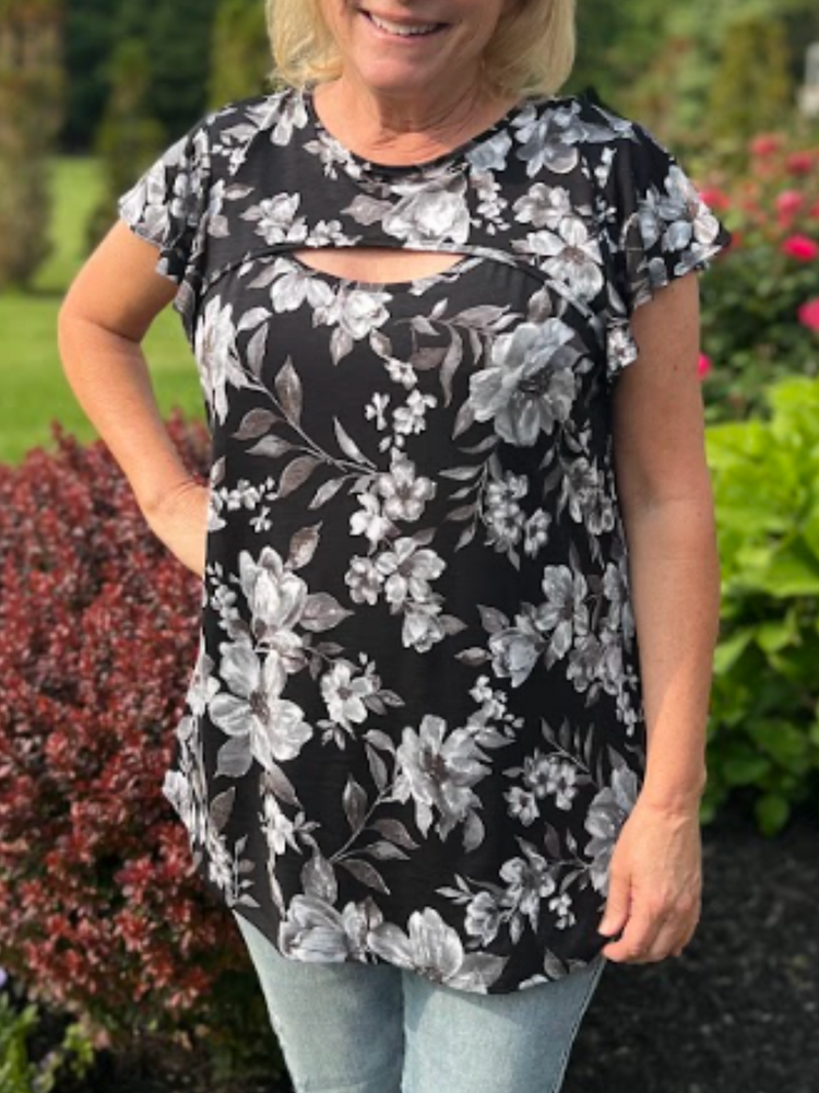 Black Floral Cutout Top in Curvy - Wild Magnolia