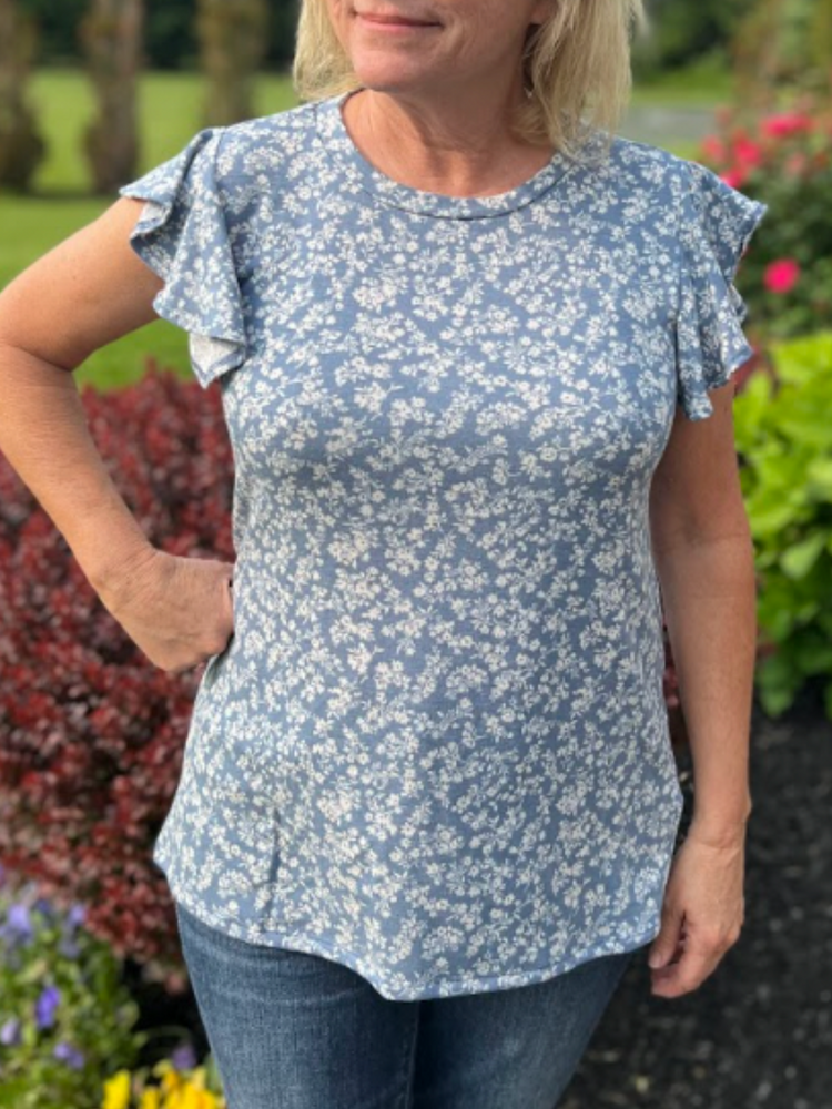 Vintage Blue Floral Ruffle Top in Curvy - Wild Magnolia