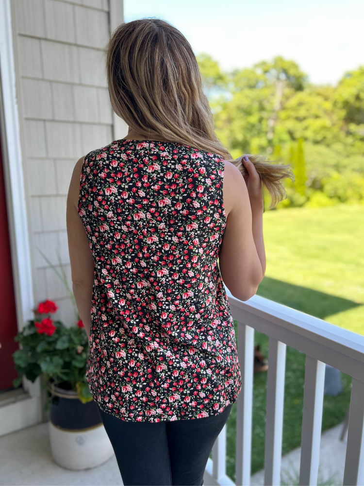 Black Floral V-Neck Sleeveless  Ruffle Top Curvy - Wild Magnolia