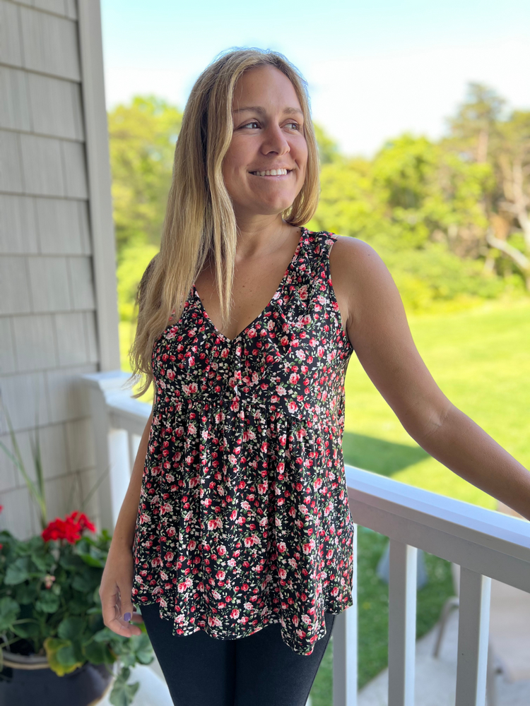 Black Floral V-Neck Sleeveless  Ruffle Top Curvy - Wild Magnolia