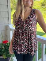 Black Floral V-Neck Sleeveless  Ruffle Top Curvy - Wild Magnolia