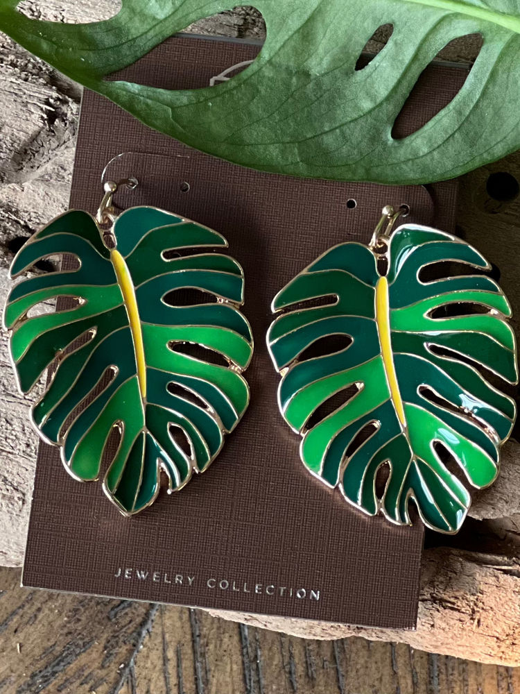 Gold Green Monstera Leaf Earrings - Wild Magnolia