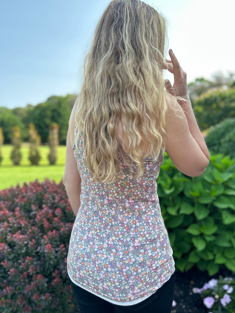 Floral Print Front Button Tank Top in Charcoal - Wild Magnolia