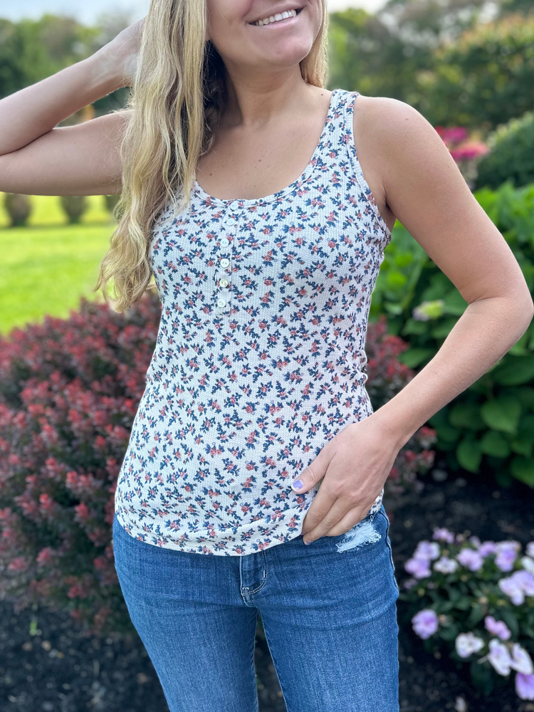 Floral Print Front Button Tank Top in Cream - Wild Magnolia