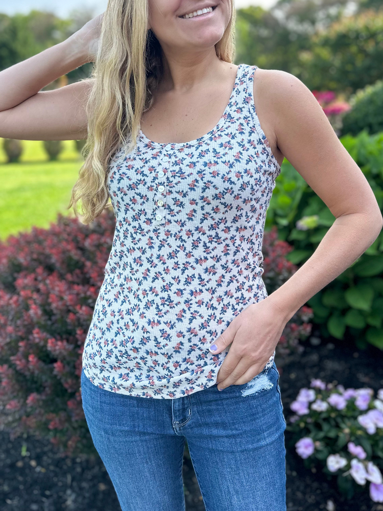 Floral Print Front Button Tank Top in Cream