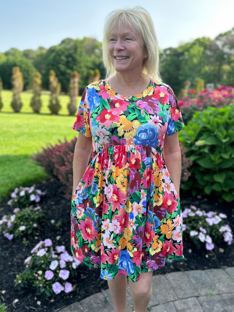 Colorful Floral Babydoll Dress with Pockets