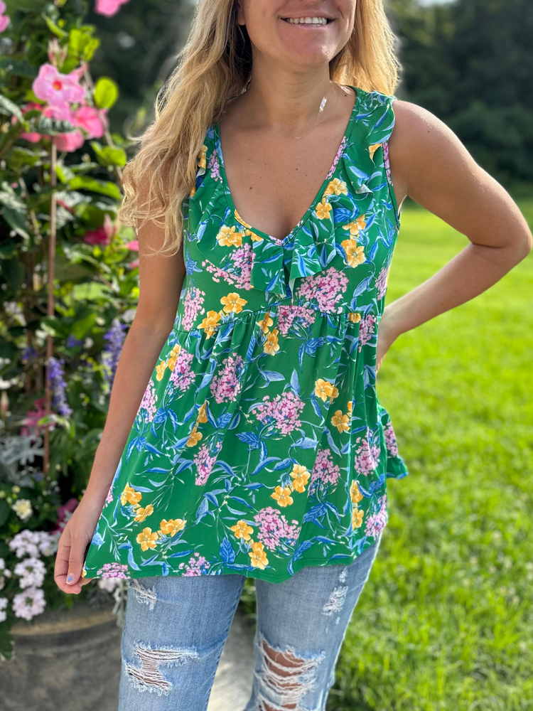 Sleeveless Green Floral Ruffle Top