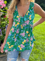 Sleeveless Green Floral Ruffle Top in Curvy