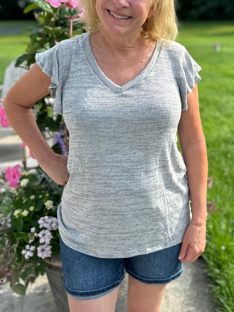 Two Tone Gray Ruffle Top in Curvy