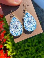 Gold Blue Medallion Teardrop Earrings