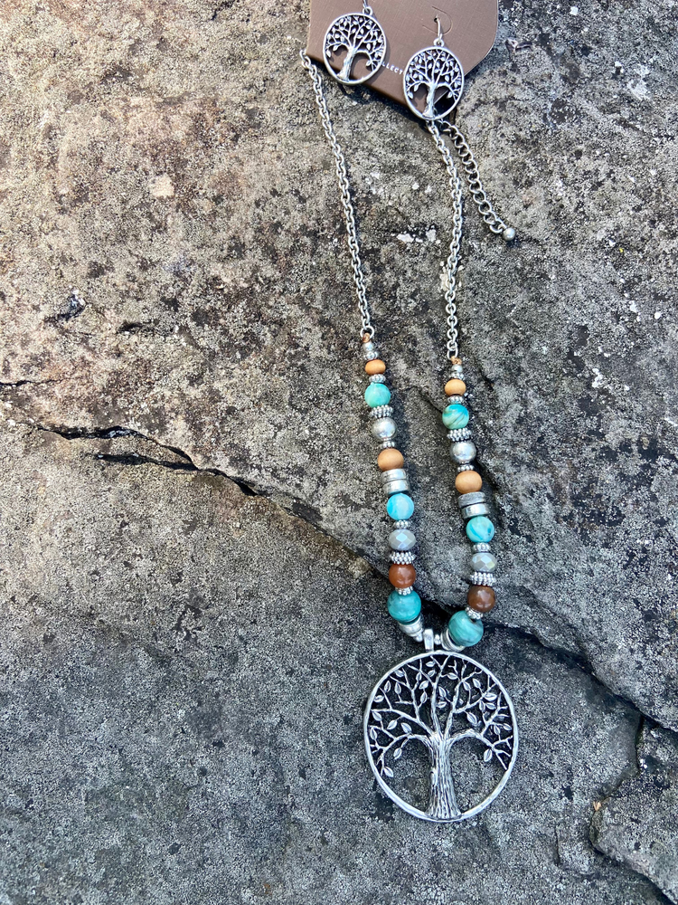 Silver Beaded Tree Pendant Necklace Set