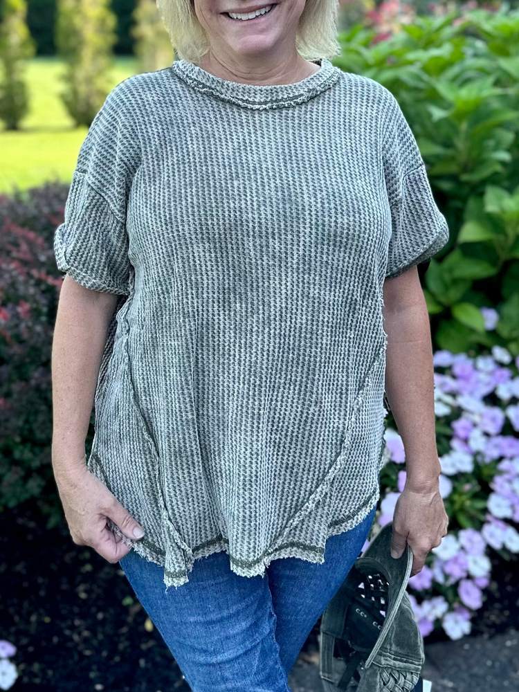 Waffle Rolled Short Sleeve Top in Olive
