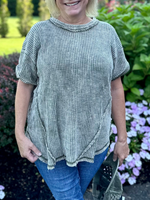 Waffle Rolled Short Sleeve Top in Olive