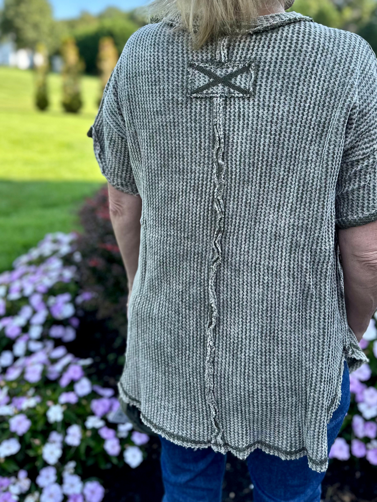 Waffle Rolled Short Sleeve Top in Olive