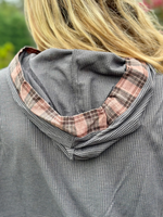 Plaid Contrast Thermal Hoodie in Charcoal