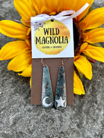 Patina Silver Moon and Star Stamped Bar Earrings