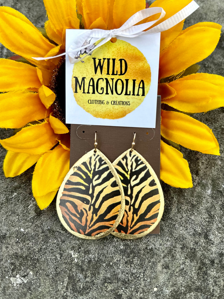 Gold Tiger Stripes Print Teardrop Earrings