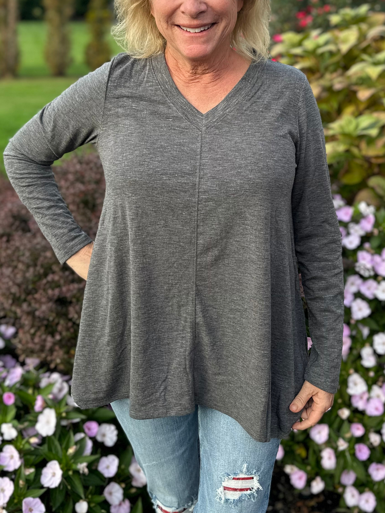 Two Tone Charcoal V-Neck Long Sleeve Top