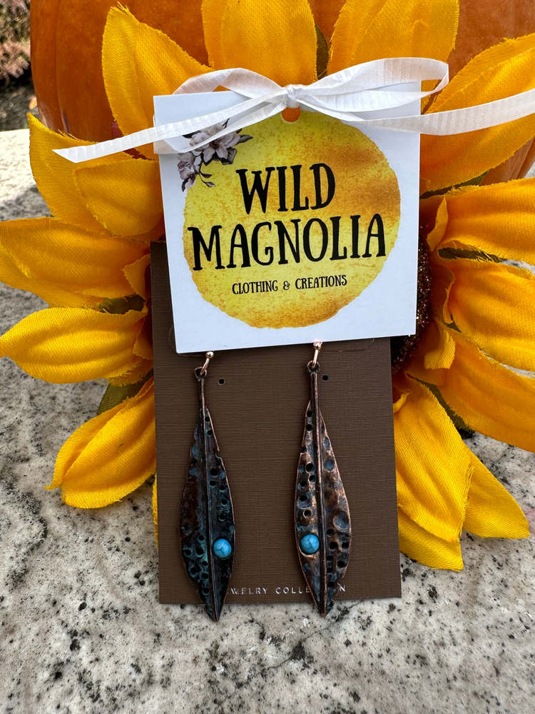 Patina Turquoise Gem Feather Earrings