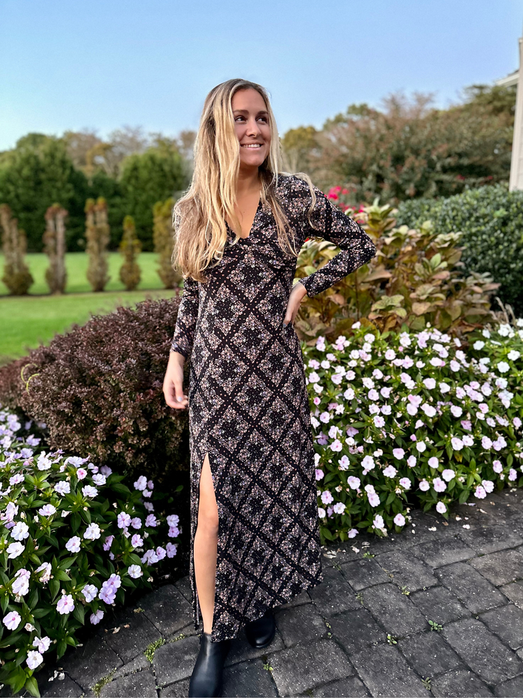 Long Sleeve Patterned Maxi Dress with Side Slit