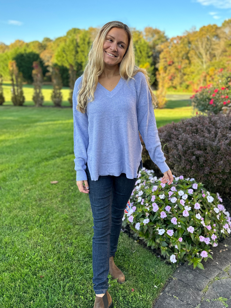 Waffle Knit Sweater in Heather Blue