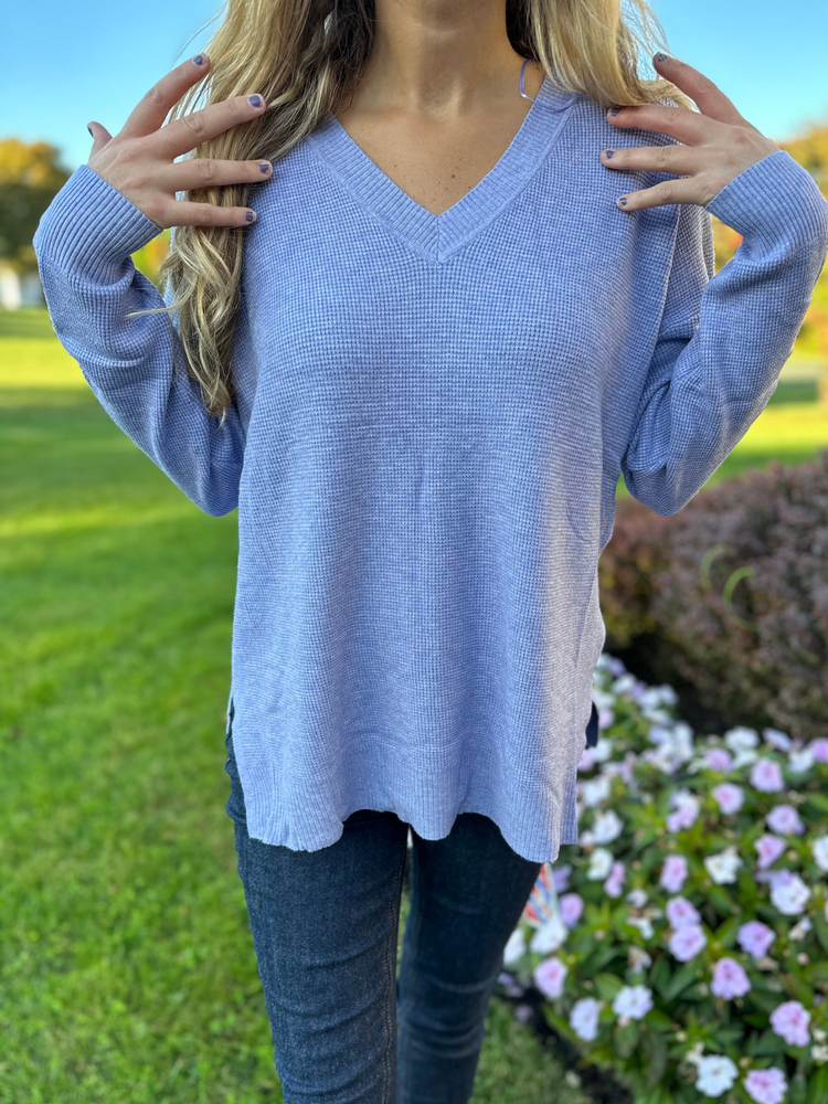Waffle Knit Sweater in Heather Blue