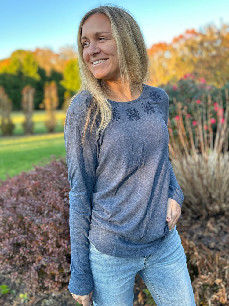 Embroidered Tie Back Top in Navy