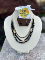 Gold Black Bead Layered Necklace Set