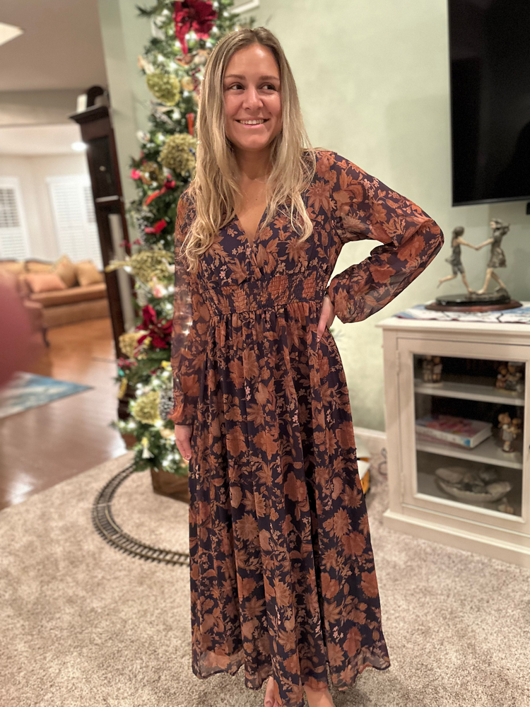 Floral Print Smocked Waist Maxi Dress in Navy