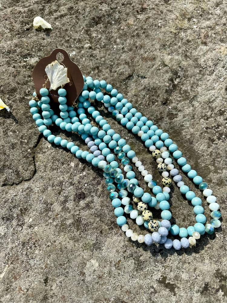 Gold Blue Stone and Wood Beaded Necklace Set