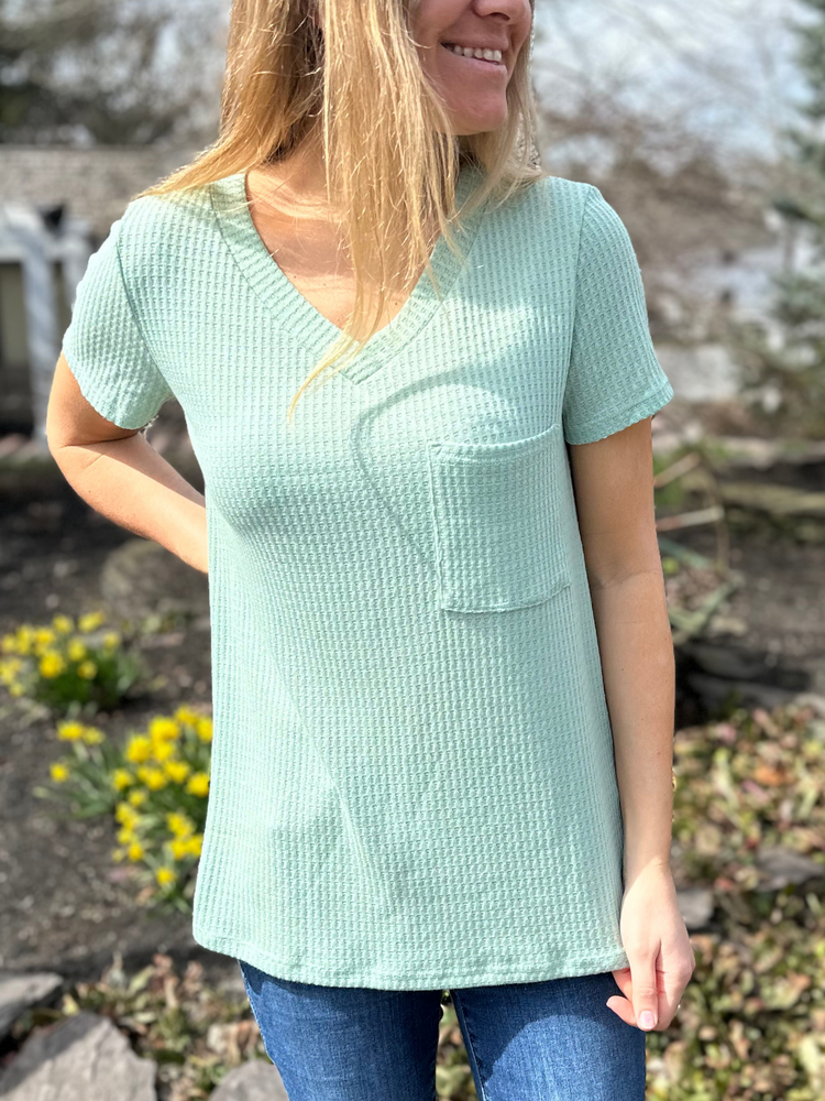 Waffle Knit Pocket Top in Sage