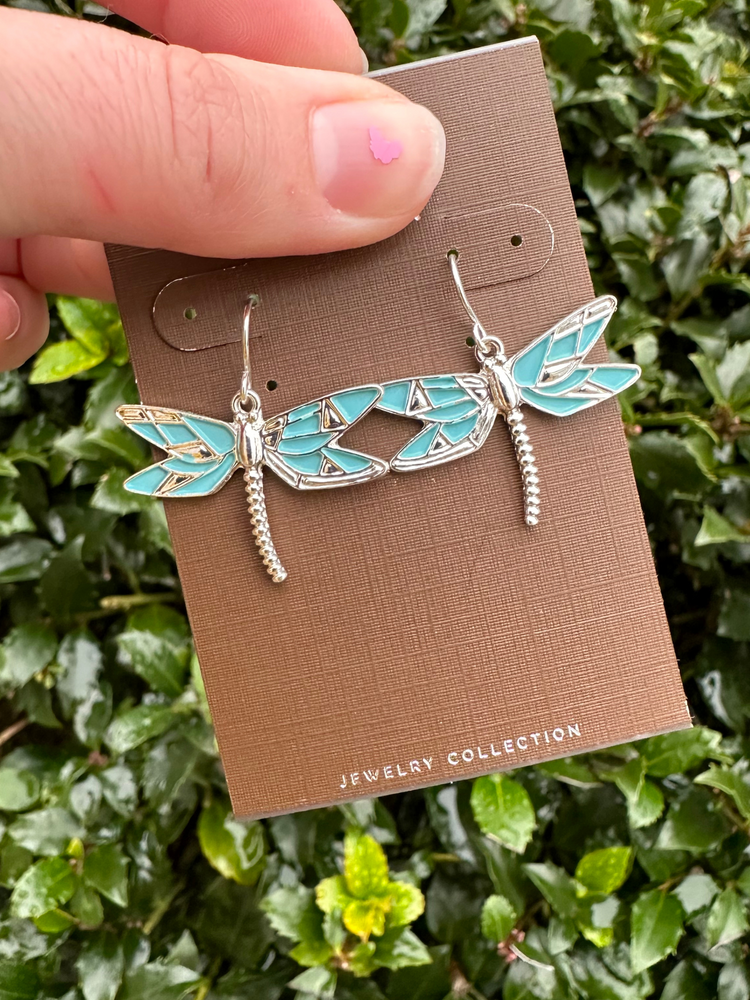 Silver Blue Inlay Dragonfly Earrings