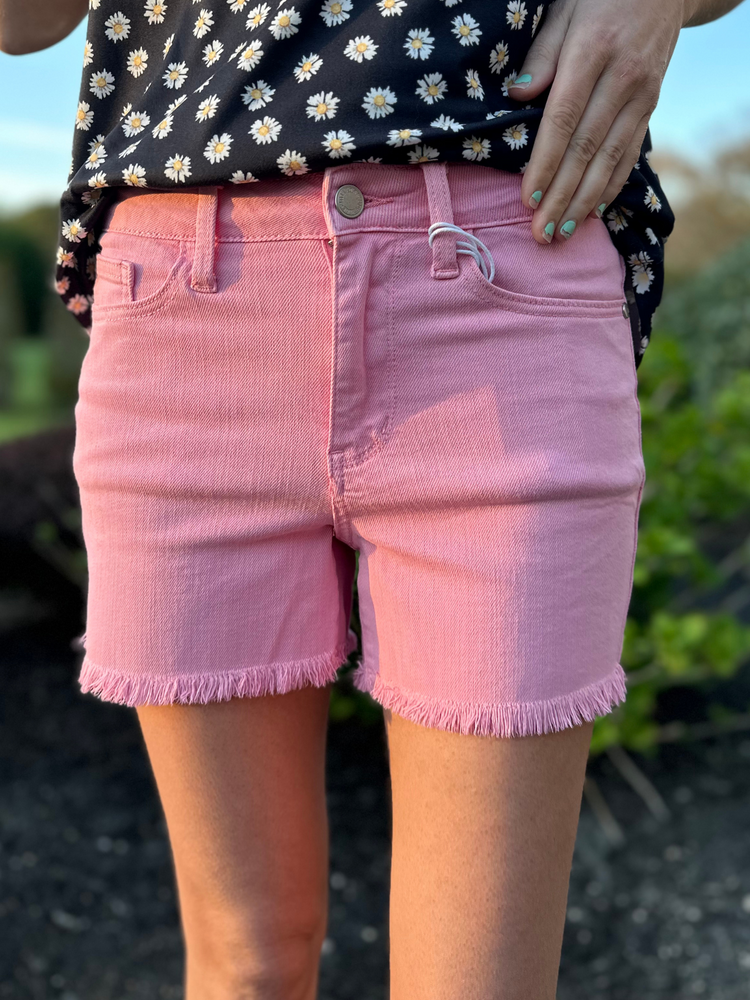 Judy Blue Midrise Pink Frayed Hem Shorts