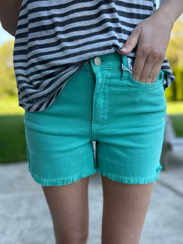 Judy Blue Midrise Aquamarine Frayed Hem Shorts