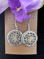 Silver Antiqued Floral Circle Earrings