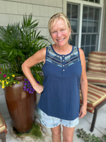 Button Up Sleeveless Detail Top in Navy