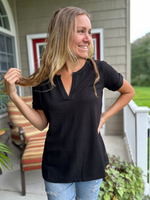 Waffle Knit Short Sleeve V-Neck in Black
