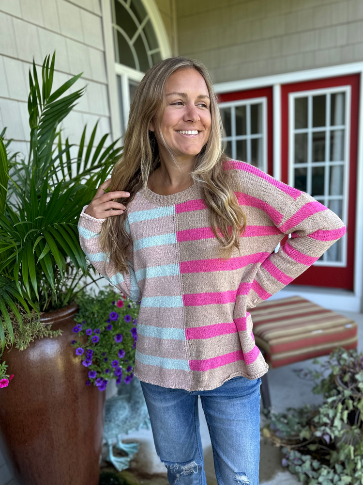 Multi Stripe Pink Color Block Sweater