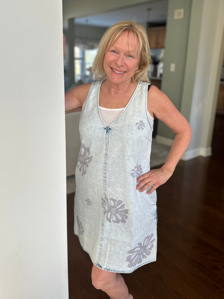 Floral Printed Denim Shift Dress in Vintage Blue