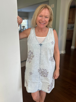 Floral Printed Denim Shift Dress in Vintage Blue