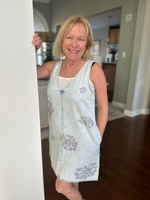 Floral Printed Denim Shift Dress in Vintage Blue