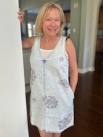 Floral Printed Denim Shift Dress in Vintage Blue
